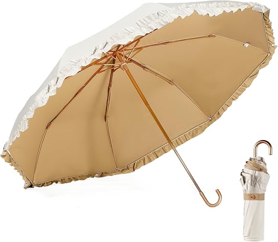 LCY Floral Edge Folding Umbrella Anti-UV Parasol with Hook Handle Sunproof Rainproof & Windproof Umbrella
