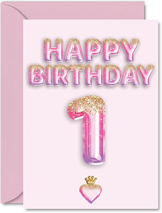 1st Birthday Cards for Boys Girls - Pink & Purple Glitter Balloons - Happy Birthday Card for 1 Year Old Boy Girl Sister Granddaughter Nephew Daughter, A5 Bday Greeting Cards