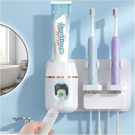 TuCao Wall Mounted Toothbrush Holder with Automatic Toothpaste Dispenser, No Drill Bathroom Organizer White