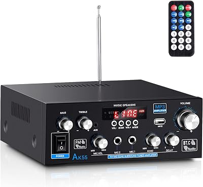 Facmogu AK55 Bluetooth Stereo Power Amplifier, RMS 70Wx2 MAX 450Wx2, 2CH Hi-Fi Sound Audio Amp Stereo Receiver for Home Theater Speakers, Bass Treble Control, wAUX, RCA, USB, MIC in, FM Radio, Echo