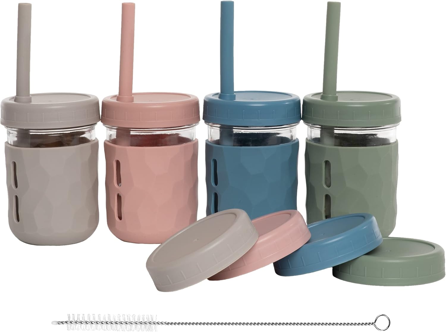 WeeSprout Glass Cups With Lids & Straws, Spill-Resistant Smoothie Jars for Toddlers & Kids, Baby Food Storage & Snack Containers, XL Silicone Straw, Easy-grip Sleeves, Set of Four, Dishwasher Safe