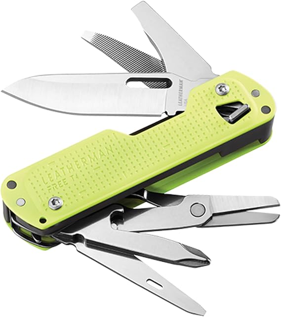 LEATHERMAN, FREE T4 Multitool and EDC Knife with Magnetic Locking and One Hand Accessible, Made in the USA, Stainless, Lunar | Magnetic Locking, All Tools Open One-Handed from Outside, Premium EDC Knife & Pliers