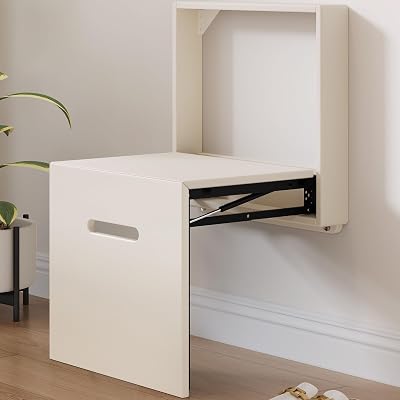 Wall Mounted Seat Shoe Changing Stool, Folding Stool Chair for Entryway, Space Saving Hidden Wall Stools,Folding Entryway Stool, Tea White, 18.97 W