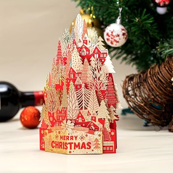 XZR 3D Pop up Handmade Greeting Cards with Envelop for Christmas Stocking Stuffers Creaive Vivid Stylish Greeting Cards Image Arts Nice Gift (Red Christmas Tree)