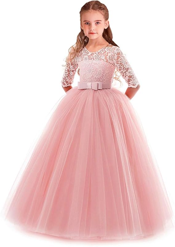 Flower Girls 3/4 Sleeves Lace Tulle A-Line Dress Floor Length Pageant Party Wedding Maxi Evening Dance Prom Ball Gown