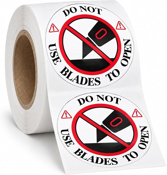 Remarkable DO NOT USE Blades to Open Warning LabelsStickers, 3 Round RedWhiteBlack Warning Sticker, for Shipping, Handling, Packing, and Moving(300 Labels)