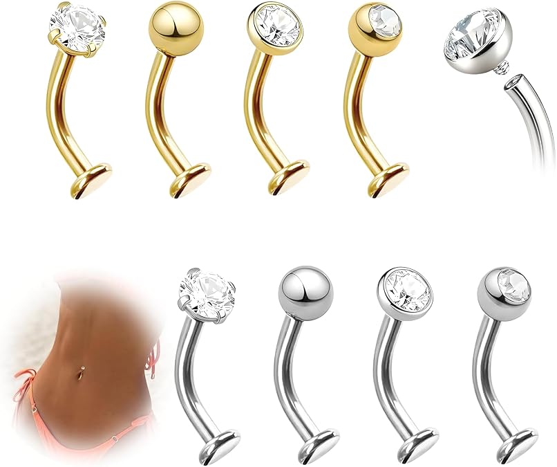 Floating Navel Rings 8Pcs, 14G Belly Button Bar 8mm Internally Threaded, Hypoallergenic Titanium Jewelry with CZ, Flat Back Piercing for Women