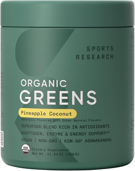 Sports Research Organic Greens Superfood Powder, 11.6oz Pineapple Coconut