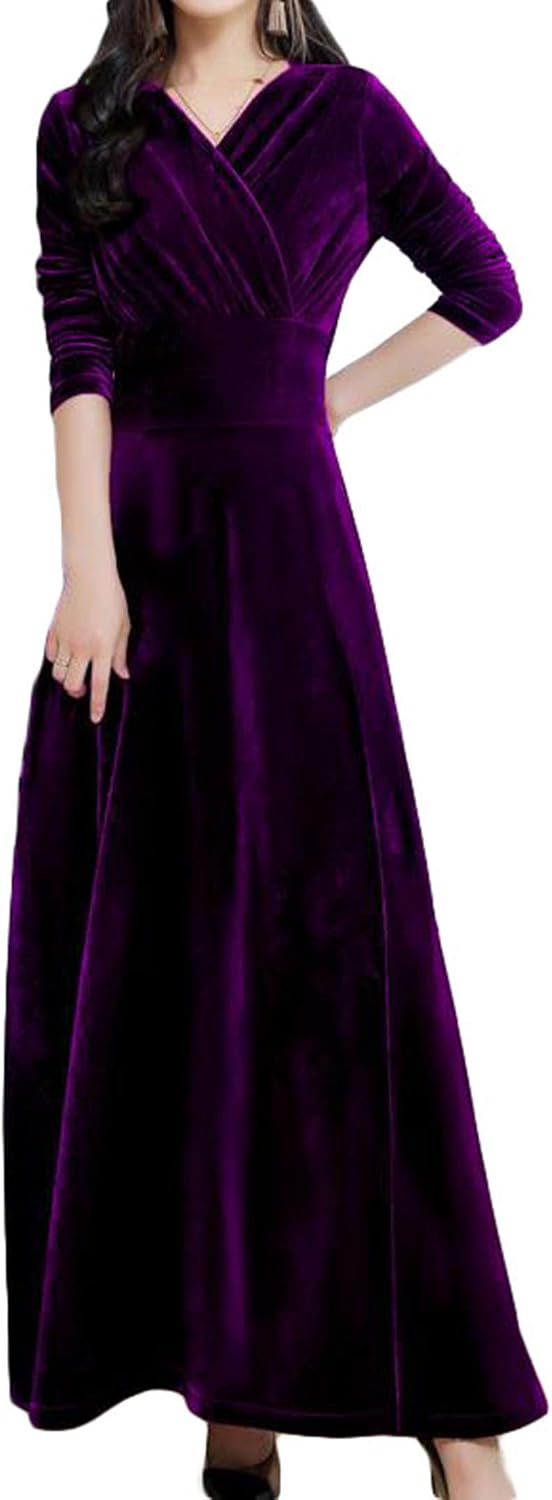 Jugen Long Sleeve Dress, Maxi Length, V Neck, High Waist, Flared Dress, A-Line, Slimming, Formal Dress, Performance, Dance, Large Size