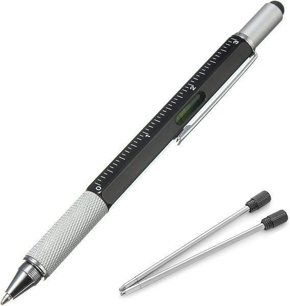 Multifunction Tech-Tool Pen with Ballpoint Pen, Touch Screen Stylus, Ruler, Spirit Level, Flat-head and Phillips Screwdriver - Ink Refills Included (Black + 2Refills)