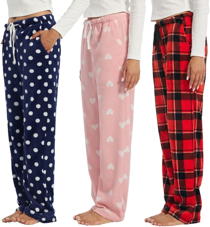 3-Pack Womens Fuzzy Pajama Pants Soft Plaid PJ Bottoms with Pockets, Cozy Fleece Lounge Sleepwear Pants