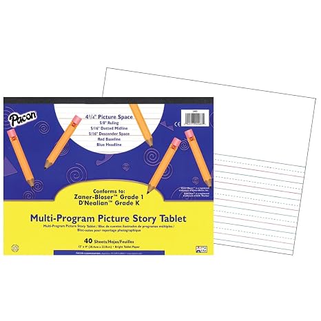 Pacon Handwriting Paper, D'Nealian Grade K / Zaner-Bloser Grade 1, 5/8" x 5/16" x 5/16" Ruled & 4-1/4" Picture Story Space 12" x 9", Ruled Long, 40 Sheets
