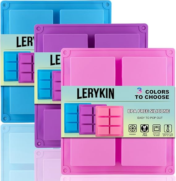 LERYKIN 3 Pack Silicone Soap Molds, 6 Cavities Rectangle Silicone Mold, Great for Homemade Craft Soap Mold, Chocolate, Cake Molds & Ice Cube Tray - Just Pop Out(Pink & Blue & Purple)