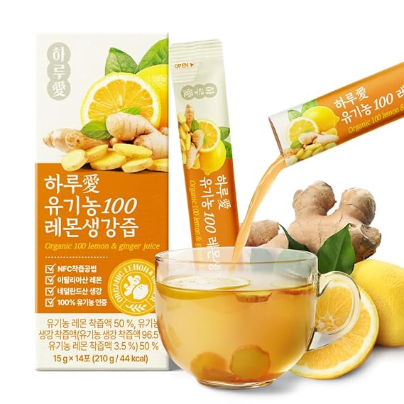 [14 Sticks] Organic 100% Pure NFC Lemon Ginger Juice Sticks 15g Each Balanced 5050 Blend, Cold Pressed, Non-GMO, No Sugar Added