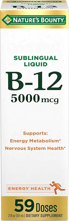 Natures Bounty Vitamin B12 5000 mcg Sublingual Liquid, Cardiovascular Health & Cellular Energy Support, 2 Fl Oz (1 Count)