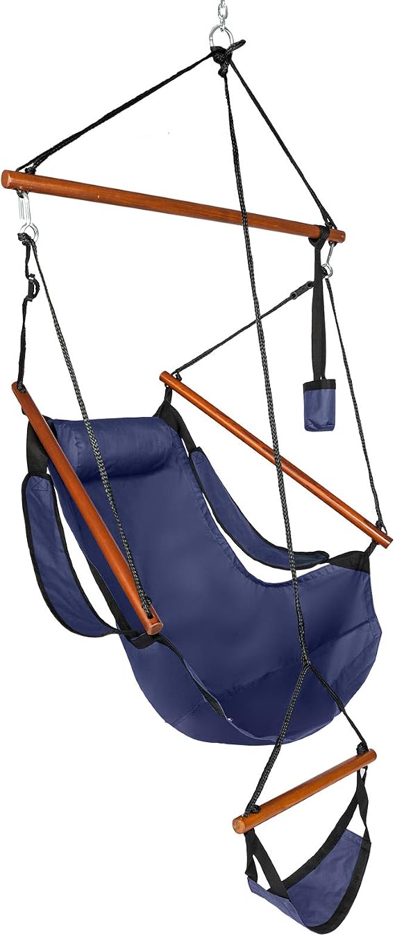 Hammock Hanging Sky Chair, Large Swinging Seat Chair, Indoor and Outdoor Air Swing Seat with Oxford Cloth& Hardwood,Cup Holder for Patio, Bedroom, or Tree (Blue)