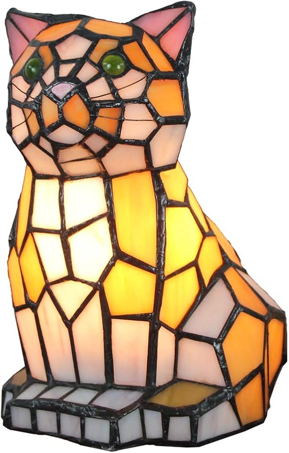 Tiffany Table Lamp Cat, Creative Tiffany Style Stained Glass Animal Night Light Children Small Desk Lamp for Bedroom