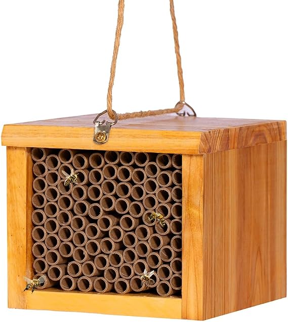 Mason Bee House - Wax Coated Bee Hotel for the Garden, Natural Handmade Wooden bee Home, Mason Bee Home for Outdoors, Attracts Peaceful Bee Pollinators to Your Garden