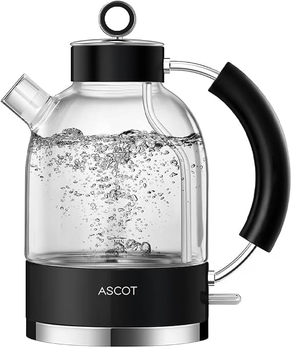 ASCOT Wasserkocher Glas Elektrischer Wasserkocher Geschenke für Männer/Frauen 15L Retro Leiser Schnellkochkessel Trockengehschutz und automatische Abschaltung (Schwarz)