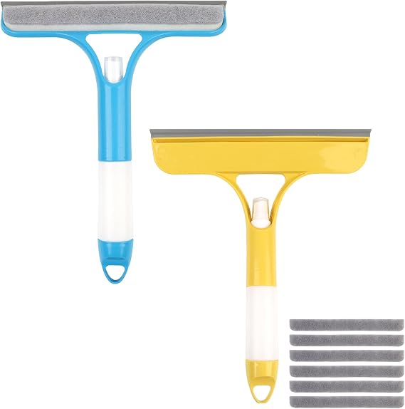 2PCS Window Squeegee,3 in 1 Window Cleaning Scraper,Built-in Spray Bottle and 6 Replaceable Sponge Strips,Window Cleaning Equipment for Shower Glass,Kitchen,Car(Blue + Yellow)