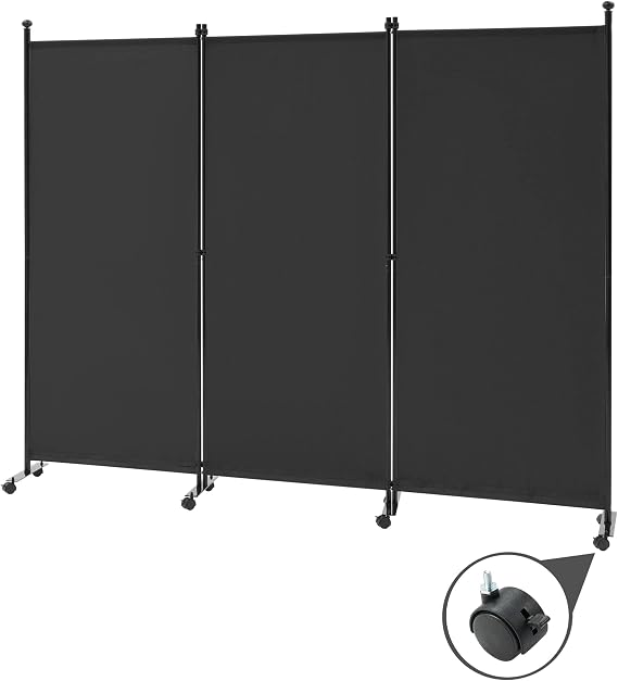 Spurgehom 3 Panel Rolling Room Divider, Folding Partition Privacy Screens | Freestanding Fabric Room Panel, Portable Folding Wall Divider for Office, Room, Restaurant, Hospital (Black)