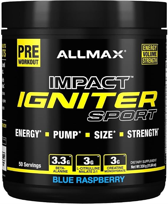 ALLMAX IGNITER Sport, Blue Raspberry - 330 g - Pre-Workout Formula - with Caffeine, L-Citrulline, L-Arginine, Creatine & Beta Alanine - Up to 50 Servings
