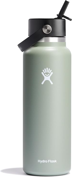 Hydro Flask Water Bottle - Insulated Stainless Steel - Wide Mouth Flex Straw Lid, Non Spill, Leakproof and Refillable in 40 Oz Agave
