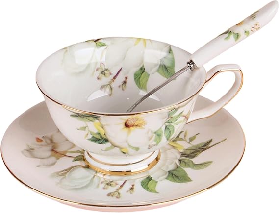 Teacup and Saucer Set, Vintage Floral Ceramic Tea Cup with Matching Spoon, Elegant Flower Pattern for Home Cafe Teahouse Afternoon Party Present, 180ml, Cup 4.02 in, Saucer 5.98 in