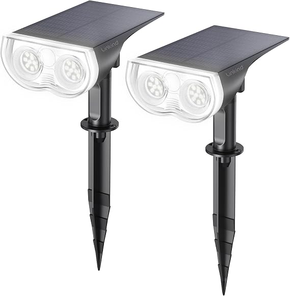 Linkind Solar Lights Outdoor Garden, Dusk-to-Dawn IP65 Waterproof Solar Powered Spot Lights, 6500K Daylight White, Outdoor Wall Lights for Garden Yard Driveway Porch Walkway, 2 Pack [Energy Class A]