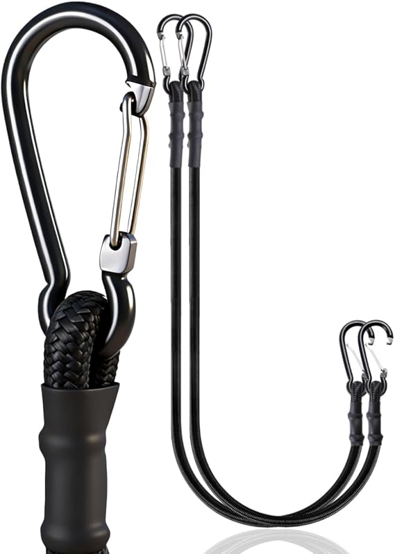 Yuxh Bungee Cords with Carabiner, Black, 24 Inch, 2 Pack | Latex rubber core, UV nylon weave, 35"+ stretch, 7# scratch-proof hooks, for paddle board, camping, indoor & outdoor