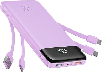 Charmast 20000mAh Power Bank with 4 Built-in Cables, 22.5W Fast Portable Charger for iPhone, Android, iPad, No Extra Cords Needed for Travel, Work, EmergencyPurple