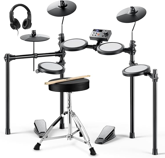 Donner Electric Drum Set, DED-70 Electronic Drum Kit for Beginner with 150 Sounds, 4 Quiet Mesh Pads, 9" Cymbals, USB MIDI, Type-C Charging, 2 Pedal, Throne, Headphones, Sticks, Melodics Lessons