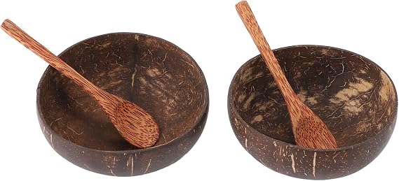 2 Sets Coconut Shell Bowls, Multipurpose Safe Coconut Shell Bowl Coconut Smoothie Bowls with Wooden Spoon for Home Kitchen