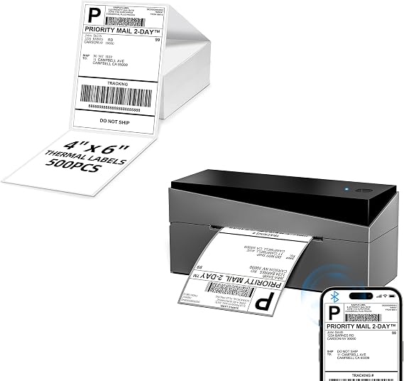 249BT Bluetooth Shipping Label Printer with 1 Fold 4x6 Thermal Labels 500pcs