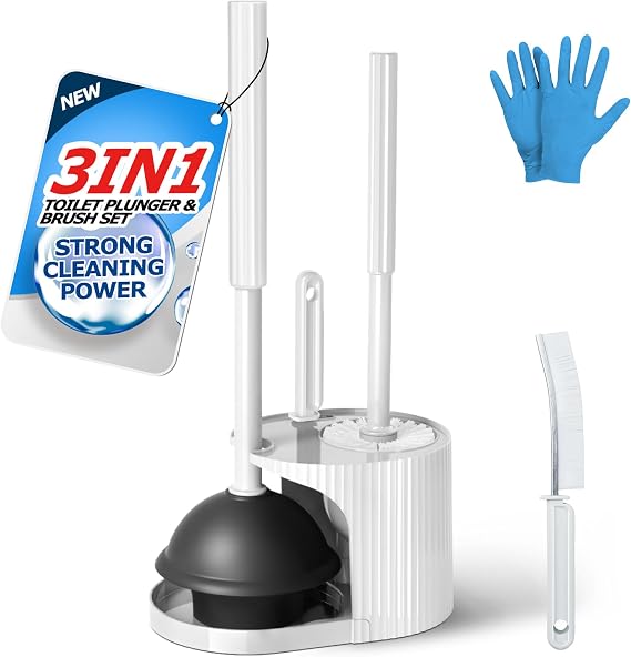 FORASTO 3IN1 Toilet Brush and Plunger Set with Holder Compact Cleaning Kit