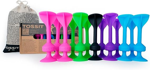 TOSSIT Game Suction Cup Darts Indoor Outdoor Indoor Outdoor Boccia Petanque Throwing Game Sustainable Durable Silicone Floor or Wall Family Pack Pink Blue Purple Green