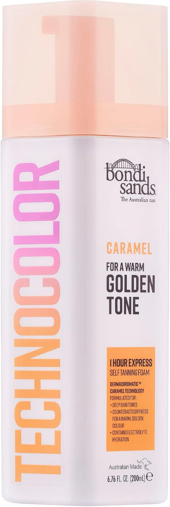 Bondi Sands Technocolor 1-Hour Express Caramel Self-Tanning Foam Easy Application, Streak Free Fake Tan - Fast-Acting Body Tan for Natural-Looking Glow (200ml)