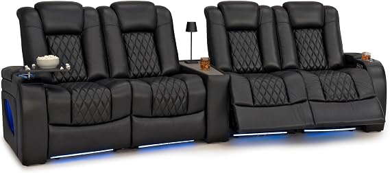 Seatcraft Virtuoso LT Black Row of 4 Dual Loveseat, Wedge Console Table | Italian Leather, Zero Gravity, Heat & Massage, Powered Headrest & Lumbar, Power Recline, Wireless charging, Wall Hugger