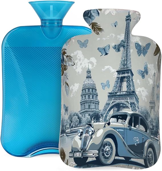Hot Water Bottle with Cover, Vintage Eiffel Tower Flowers Blue 2L Hot Water Bag for Hot/Cold Compress, Hand Feet Warmer, Menstrual Cramps, Neck and Shoulder Pain Relief