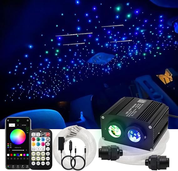 AZIMOM Dual Color 800pcs 0.03in 13.1ft Twinkle Fiber Optic Starlight Headliner+ Pure White Meteor 240pcs Shooting Star, Sound Mode APP& Remote Control 2 in 1Starlight Meteor Kits for Car Home Ceiling