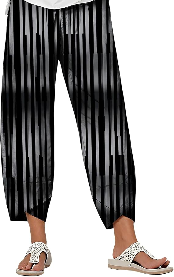Zhyaj Women's Wide Leg Pants Colorful Vertical Stripe Print Lightweight Trousers with Asymmetrical Hem for Beach Vacation