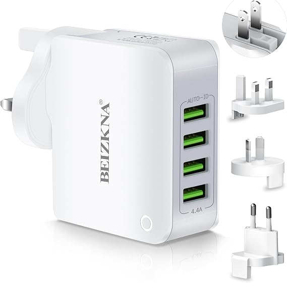 Travel Adapter 4 USB Universal Charger Plug Adaptor 22W 4.4A Multi Plug | Multi USB Wall Plug with UK EU USA AUS Japan Plug Worldwide Universal Power Adapter for iPhone iPad Android Tablet