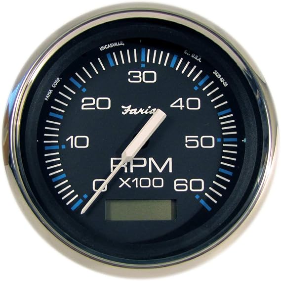 Faria Beede 33732 Chesapeake Stainless Steel Tachometer with Hourmeter (6000 RPM) - 4', Black