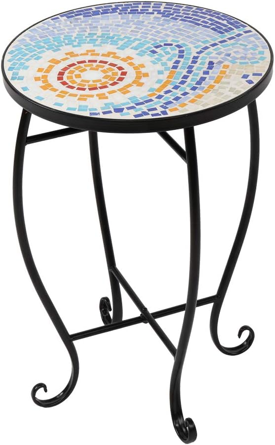 Removable Flower Stand, Mosaic Colored Glass Surface Round Table Four Legs Stand for Pot Plant, Metal Material,Side End Table Flower Pot Holder Home Decor (Sun)