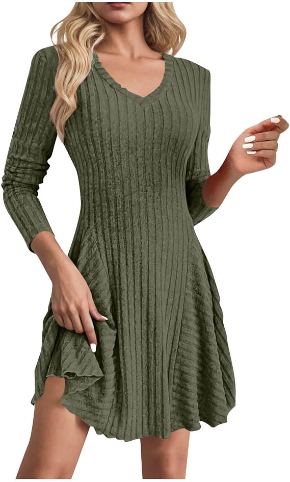 Women's Long Sleeve Ribbed Knit Short Dresses 2025 Fall Winter V Neck Casual Swing A Line Sweater Dress