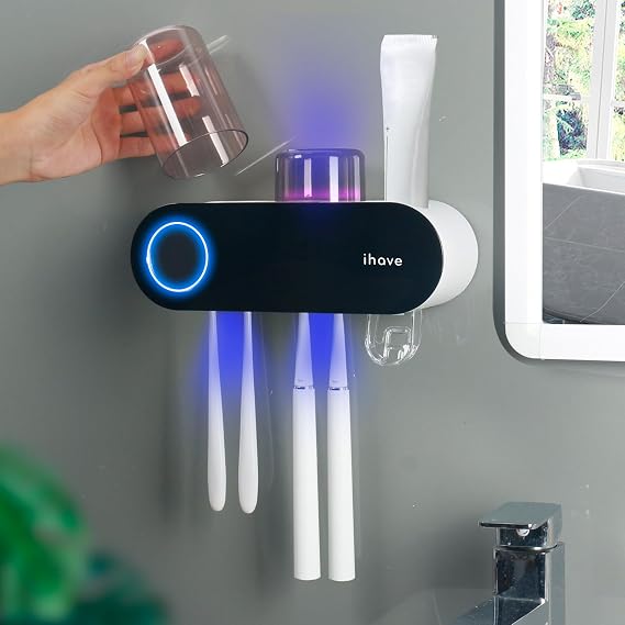 iHave UV Toothbrush Sanitizer Holder Wall Mount Toothpaste Dispenser, 2-Cup