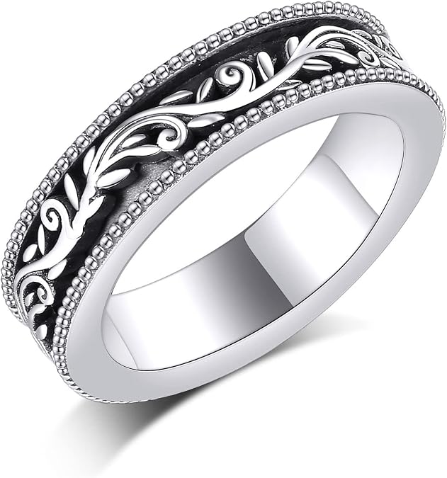 Yafeini Sterling Silver Anxiety Ring - Filigree Leaves/Heartbeat Spinner Band - Stress Relieving Band - Women's Birthday Jewelry Gift