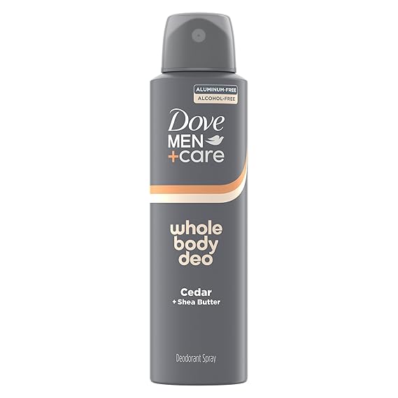 Dove Men Whole Body Deo Deodorant Spray Cedar + Shea Butter, 4 oz | Suitable from Pits, Privates, to Feet, with Vitamin E. Cedar + Shea Butter Scent