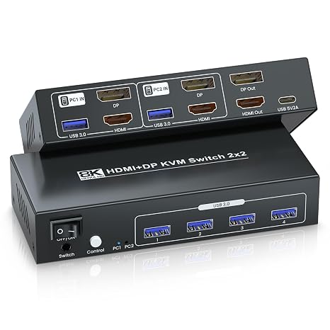 8K@60Hz 4K@120Hz HDMI Displayport KVM Switch 2 Monitors 2 Computers, USB 3.0 Dual Monitor HDMI DP KVM Switch for 2 PCs Share 2 Monitors and 4 USB 3.0 for Keyboard, Mouse, Printer and More