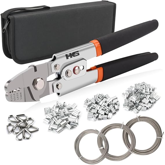 HKS Wire Rope Crimping Tool Kit, 99FT Stainless Steel Wire Rope (3 Sizes), 180 Aluminum Double Sleeves (3 Sizes), 10 Thimbles